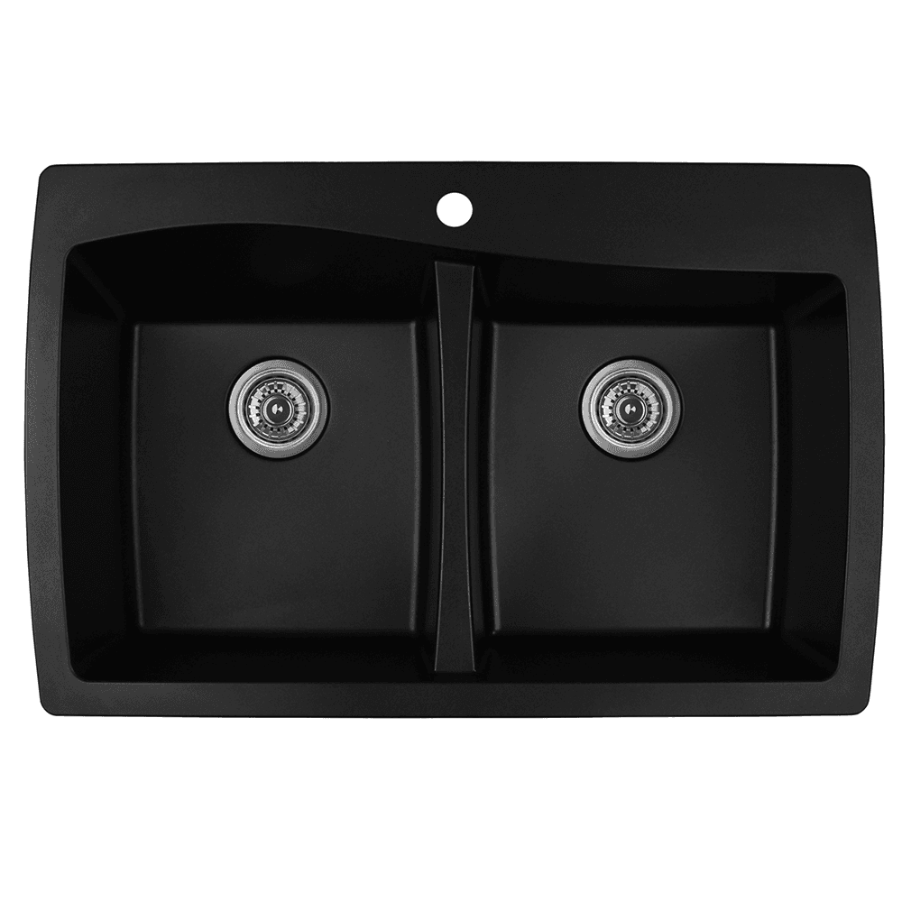 Black Kitchen Sink: Karran QT-720 Quartz Top Mount Double Equal Bowl