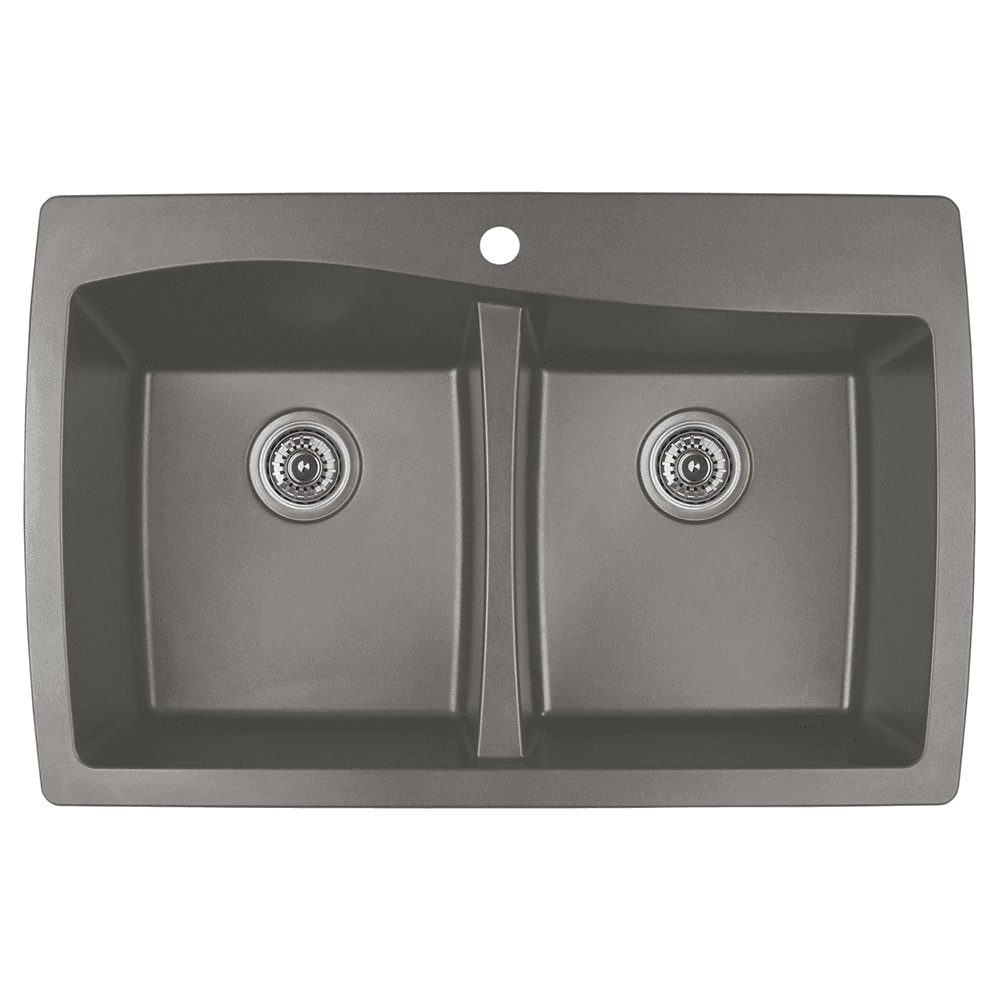 QT-720 Quartz Top Mount Double Equal Bowl Kitchen Sink, 34" x 22" x 9", Concrete - Close-up view