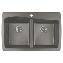 QT-720 Quartz Top Mount Double Equal Bowl Kitchen Sink, 34" x 22" x 9", Concrete - Close-up view