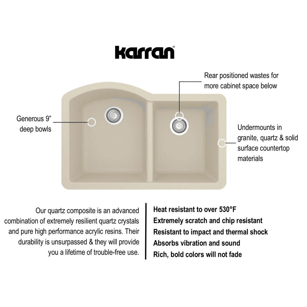 Karran Kitchen Sink QU-610 in Concrete, Under Mount Large/Small Bowl, 32x21x9 inches