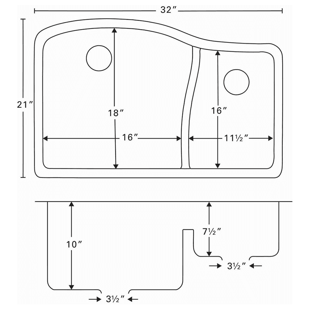 QU-630 Quartz Undermount Large/Small Bowl Sink Top View