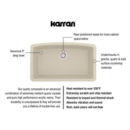 Extra Large Single Bowl Kitchen Sink by Karran, QU-712 Quartz Under Mount