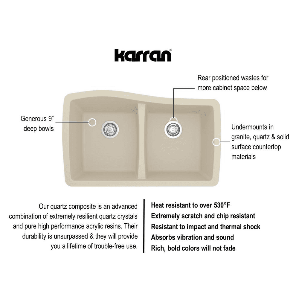Karran QU-720 Quartz Under Mount Double Equal Bowl Kitchen Sink in White - Close-up View