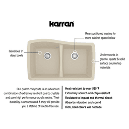 Karran QU-720 Quartz Under Mount Double Equal Bowl Kitchen Sink in White - Close-up View