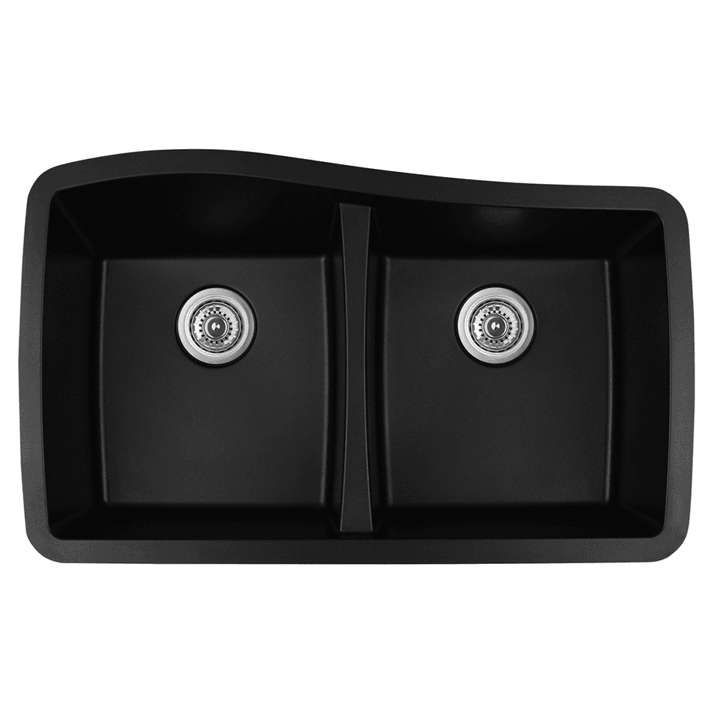 Black QU-720 Double Equal Bowl Kitchen Sink by Karran, 33-1/2" x 20-5/8" x 9"