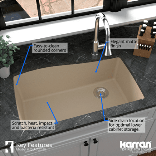 QU-722 Quartz Undermount Extra Large Single Bowl Kitchen Sink, 33-1/2" x 21" x 9", Bisque Alt 4 - Image