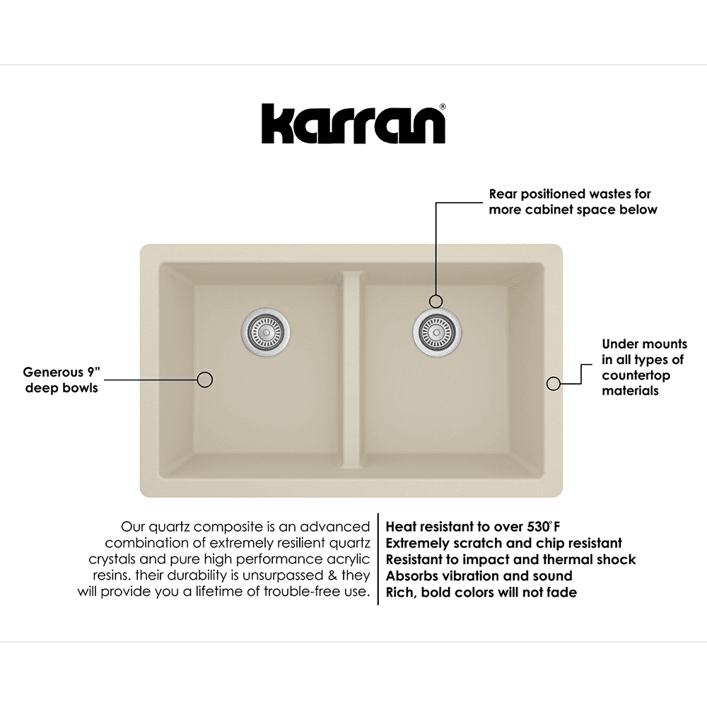 Karran QU-810 Quartz Undermount Double Equal Bowl Kitchen Sink, Concrete color option