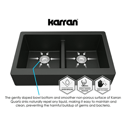 Karran QU-810 sink's 9" deep bowls provide plenty of room for cookware