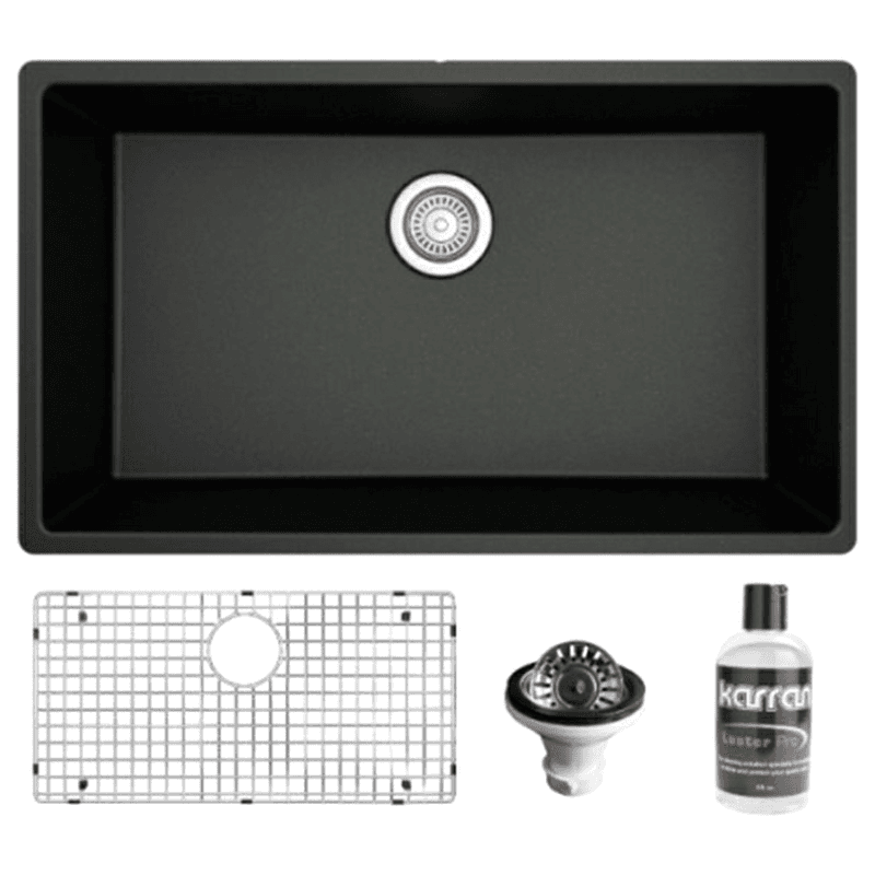 Quartz Undermount Large Single Bowl Kitchen Sink Kit, 32-1/4" x 19-1/4" x 9", Black Main - Image