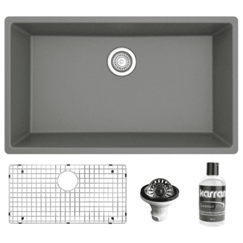 Quartz Undermount Large Single Bowl Kitchen Sink Kit, 32-1/4" x 19-1/4" x 9", Gray Main - Image