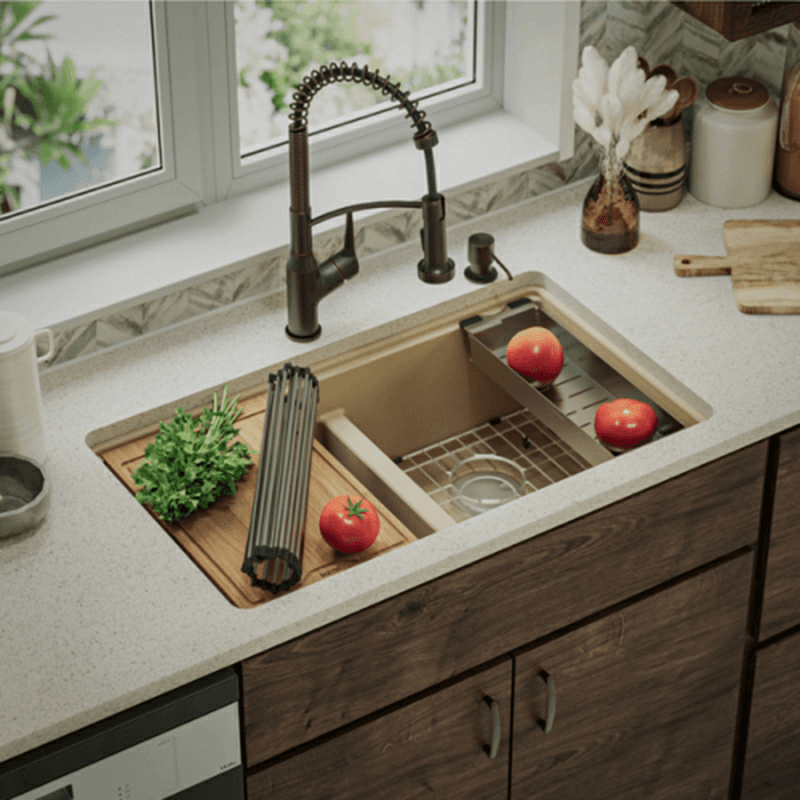 Quartz Undermount Double Equal 50/50 Bowl Workstation Kitchen Sink Kit, 32-1/2" x 19-1/4" x 9", Bisque Alt 1 - Image