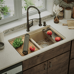 Quartz Undermount Double Equal 50/50 Bowl Workstation Kitchen Sink Kit, 32-1/2" x 19-1/4" x 9", Bisque Alt 1 - Image