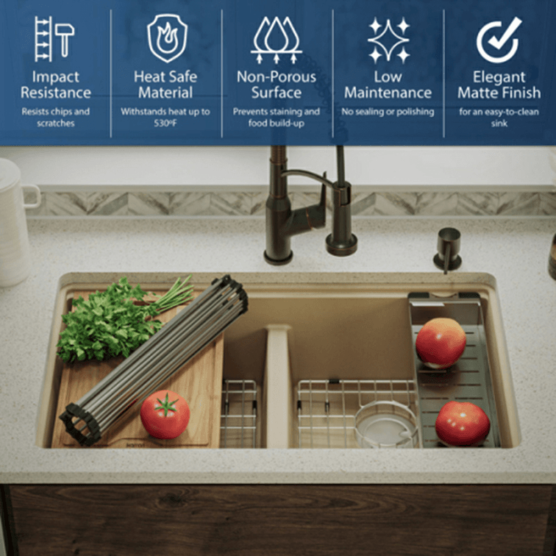 Quartz Undermount Double Equal 50/50 Bowl Workstation Kitchen Sink Kit, 32-1/2" x 19-1/4" x 9", Bisque Alt 3 - Image