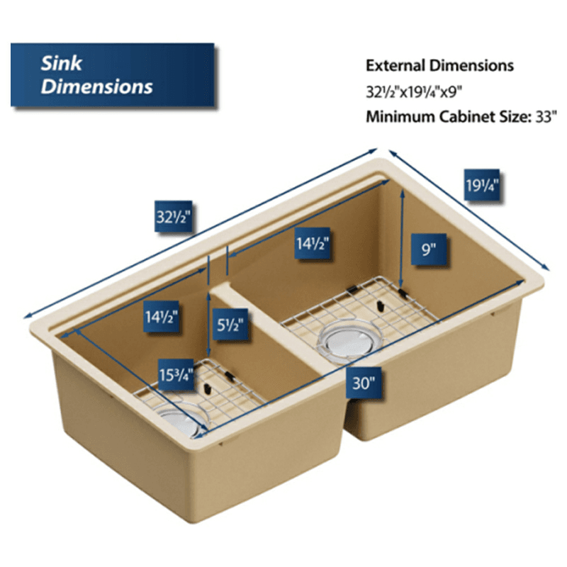Quartz Undermount Double Equal 50/50 Bowl Workstation Kitchen Sink Kit, 32-1/2" x 19-1/4" x 9", Bisque Alt 5 - Image