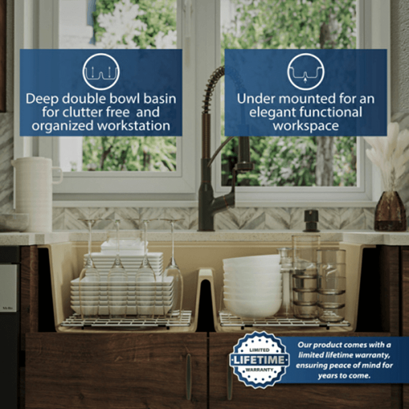 Quartz Undermount Double Equal 50/50 Bowl Workstation Kitchen Sink Kit, 32-1/2" x 19-1/4" x 9", Bisque Alt 7 - Image