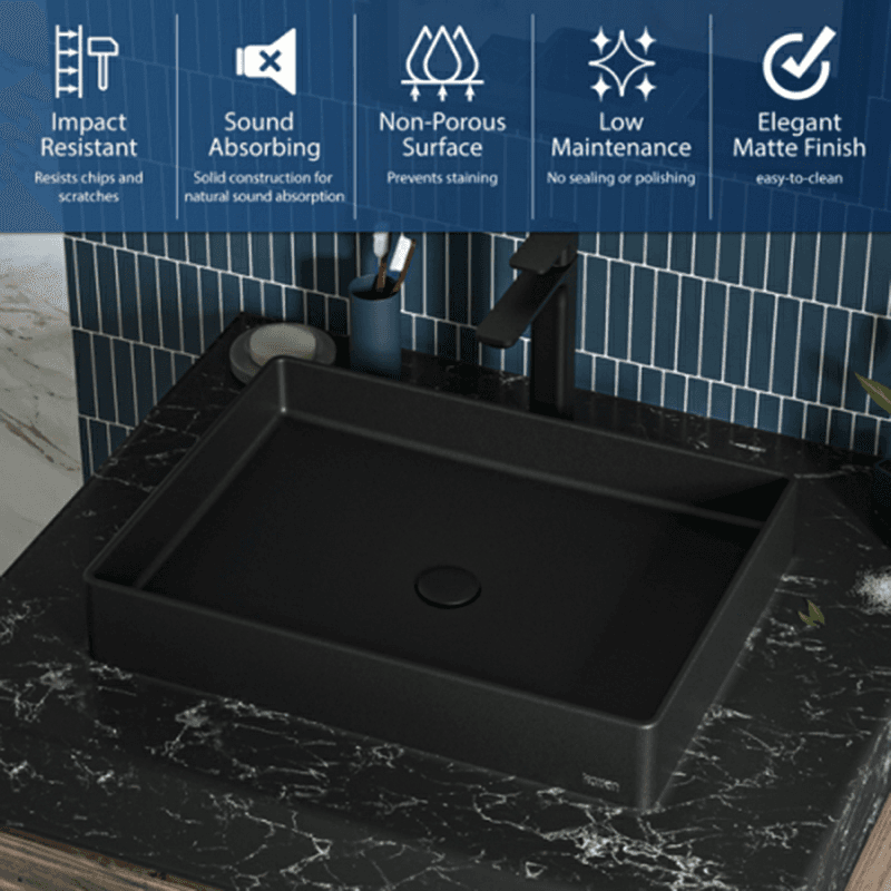 Sternhagen Quartz Rectangular Bathroom Vessel Sink, 23-5/8" x 17-3/4" x 4", Black Alt 3 - Image