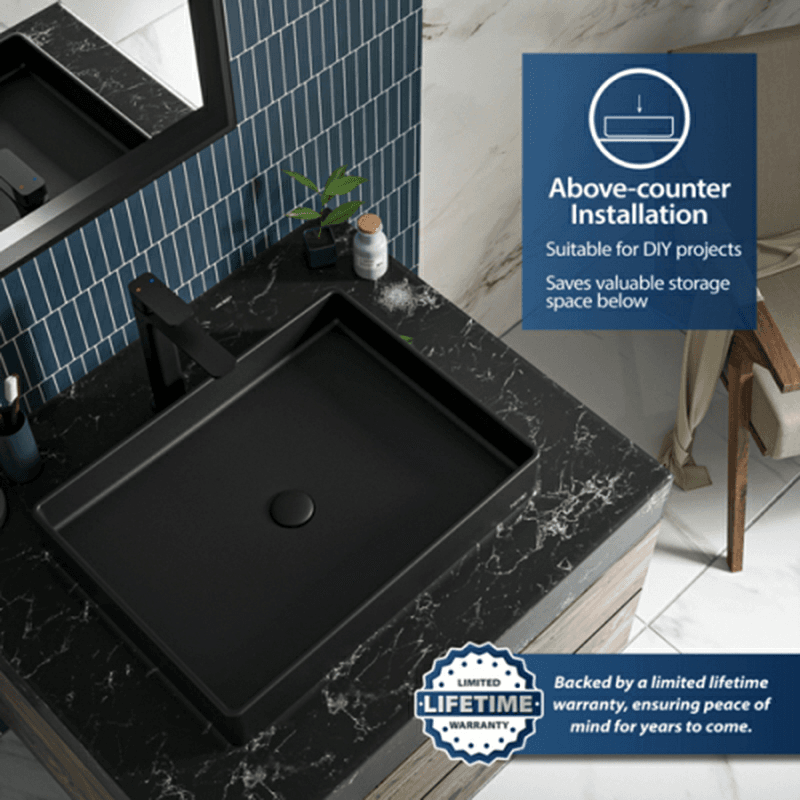 Sternhagen Quartz Rectangular Bathroom Vessel Sink, 23-5/8" x 17-3/4" x 4", Black Alt 4 - Image