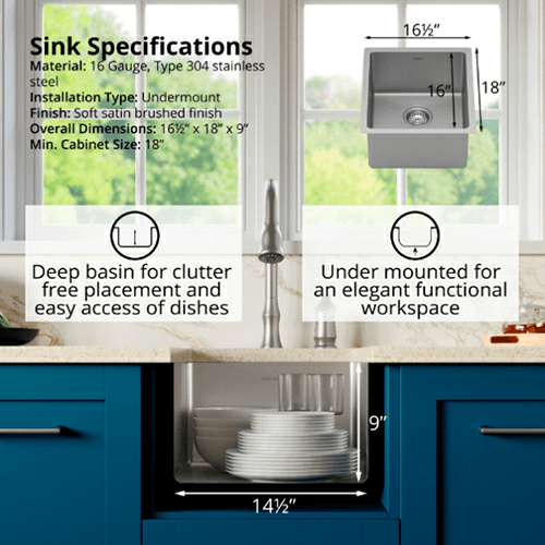 Select Stainless Steel Undermount 16G Single Bowl Kitchen Sink, 16-1/2&quot; x 18&quot; x 9&quot;, (40/Box) Alt 3 - Image