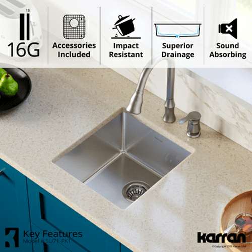 Select Stainless Steel Undermount 16G Single Bowl Kitchen Sink Kit, 16-1/2&quot; x 18&quot; x 9&quot; Alt 5 - Image