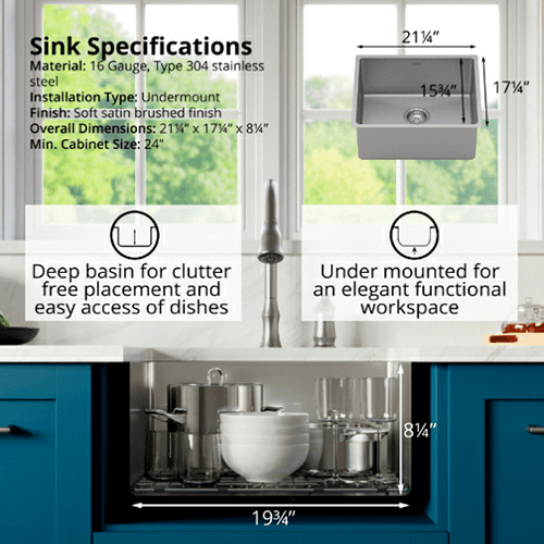 Select Stainless Steel Undermount 16G Single Bowl Kitchen Sink, 21-1/4&quot; x 17-1/4&quot; x 8-1/4&quot; (40/Box) Alt 3 - Image