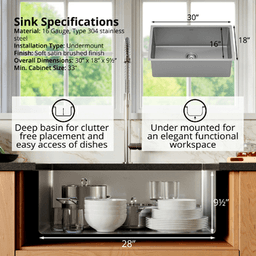 Select Stainless Steel Undermount 16G Extra Large Single Bowl Kitchen Sink, 30&quot; x 18&quot; x 9-1/2&quot; (40/Box) Alt 3 - Image