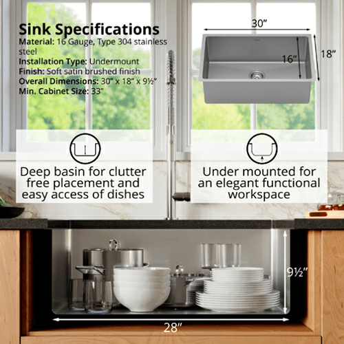 Select Stainless Steel Undermount 16G Extra Large Single Bowl Kitchen Sink Kit, 30&quot; x 18&quot; x 9-1/2&quot; Alt 3 - Image