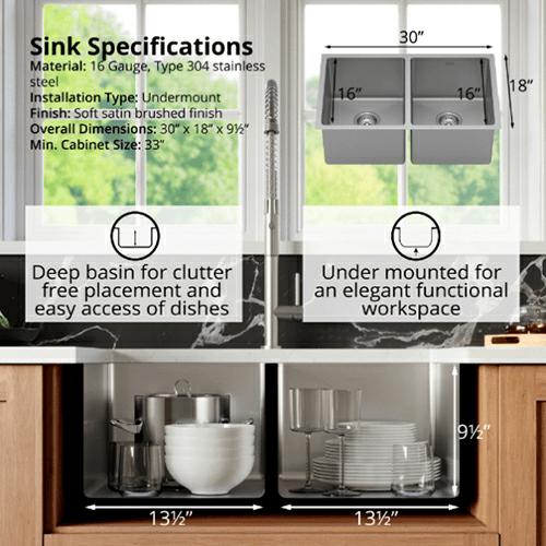 Select Stainless Steel Undermount 16G 50/50 Double Equal Bowl Kitchen Sink, 30&quot; x 18&quot; x 9-1/2&quot; (40/Box) Alt 3 - Image