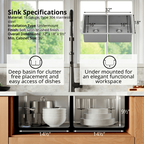 Select Stainless Steel Undermount 16G 50/50 Double Equal Bowl Kitchen Sink, 32&quot; x 18&quot; x 9-1/2&quot; (40/Box) Alt 3 - Image