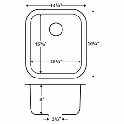 Karran U-1517 Stainless Steel Undermount 18G Single Bowl Bar/Prep Sink Front View