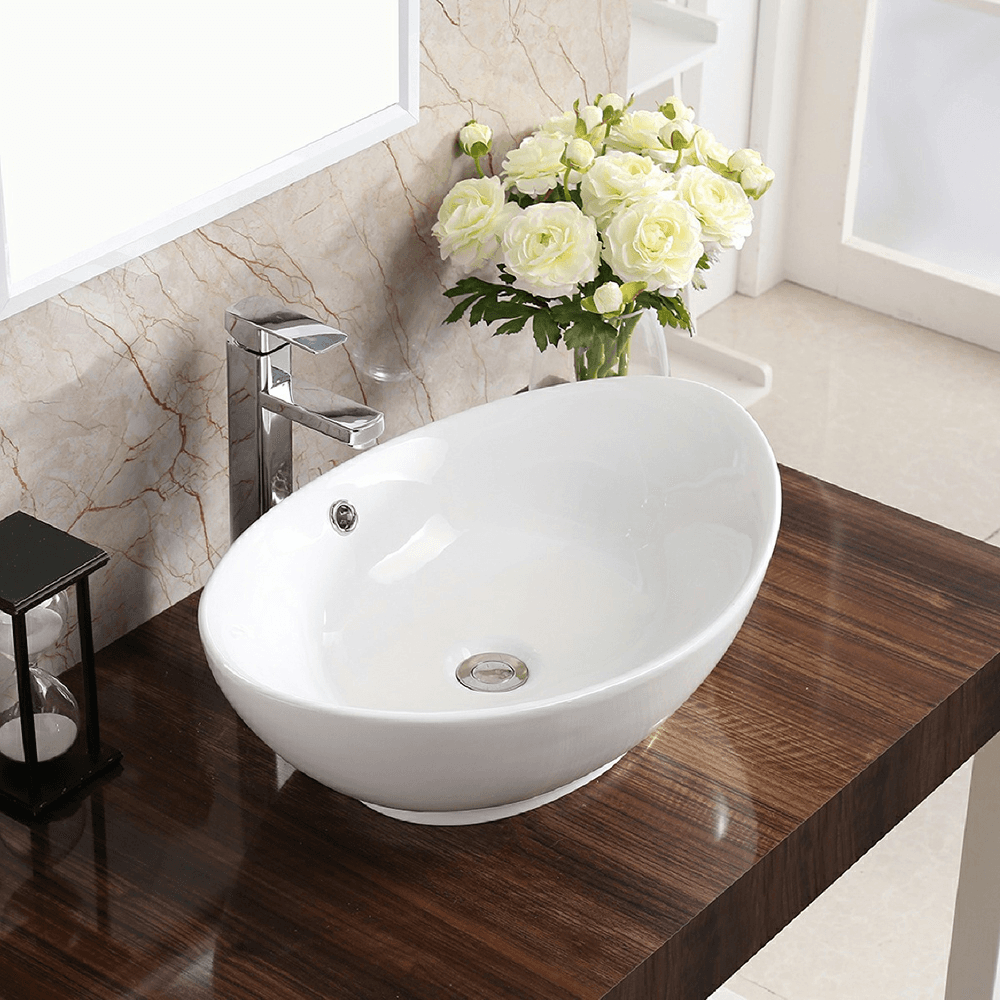 Valera Above-Counter Vitreous China Single Bowl Bathroom Vessel Sink with Overflow Drain, 22-7/8" x 14-7/8" x 4-1/2", White Alt 1 - Image