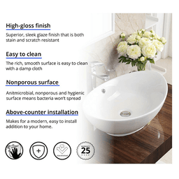 Valera Above-Counter Vitreous China Single Bowl Bathroom Vessel Sink with Overflow Drain, 22-7/8" x 14-7/8" x 4-1/2", White Alt 2 - Image