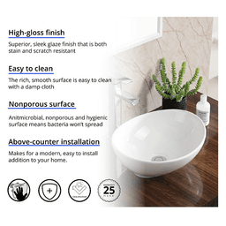 Valera Above-Counter Vitreous China Single Bowl Bathroom Vessel Sink, 15-1/2" x 13-1/4" x 4-1/2", White Alt 2 - Image