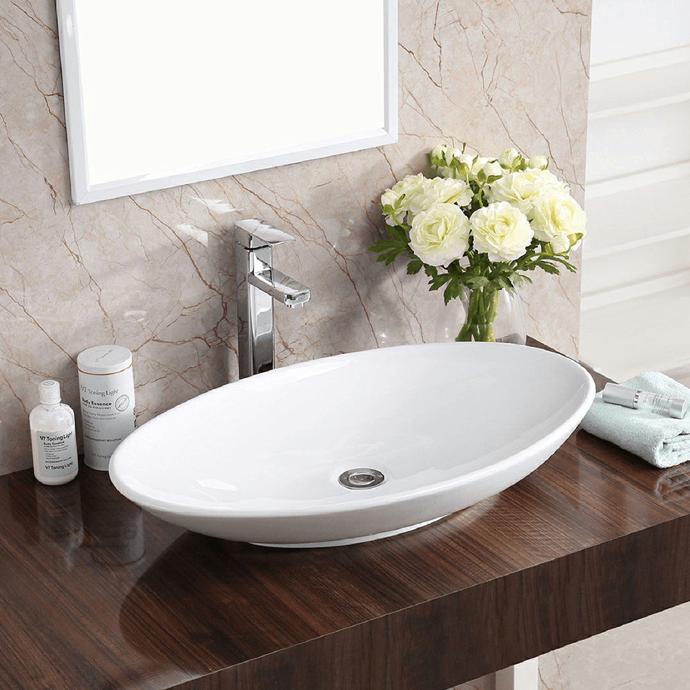 Valera Above-Counter Vitreous China Single Bowl Bathroom Vessel Sink, 27" x 16-3/4" x 3-1/4", White Alt 1 - Image