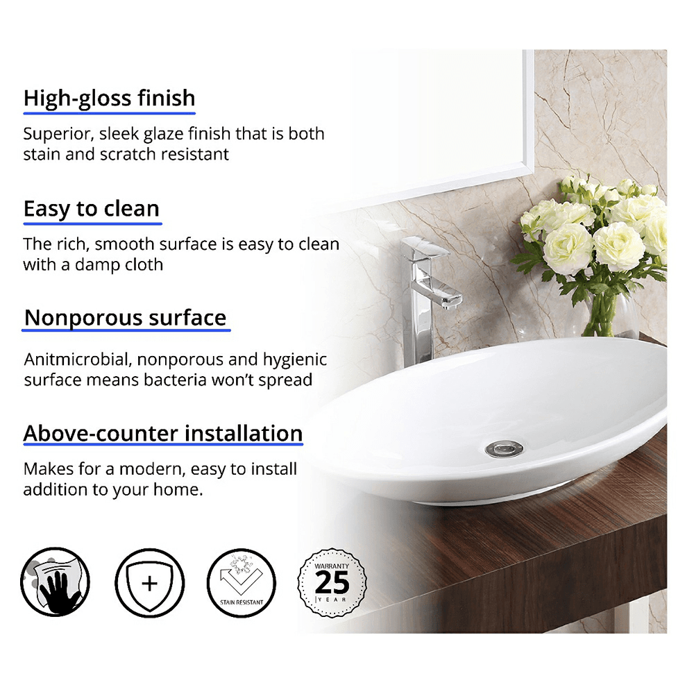 Valera Above-Counter Vitreous China Single Bowl Bathroom Vessel Sink, 27" x 16-3/4" x 3-1/4", White Alt 2 - Image