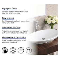 Valera Above-Counter Vitreous China Single Bowl Bathroom Vessel Sink, 27" x 16-3/4" x 3-1/4", White Alt 2 - Image