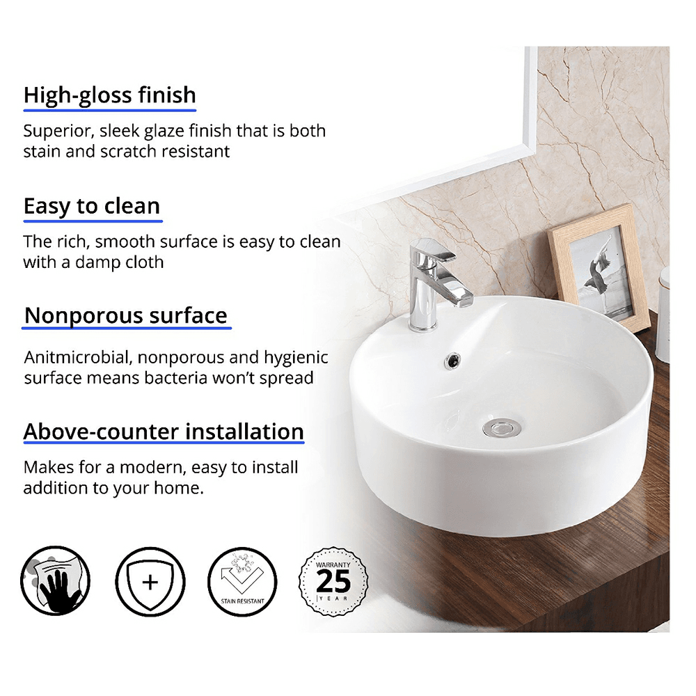 Valera Above-Counter Vitreous China Single Bowl Bathroom Vessel Sink with Overflow Drain, 18-1/8" x 18-1/8" x 4-1/4", White Alt 2 - Image