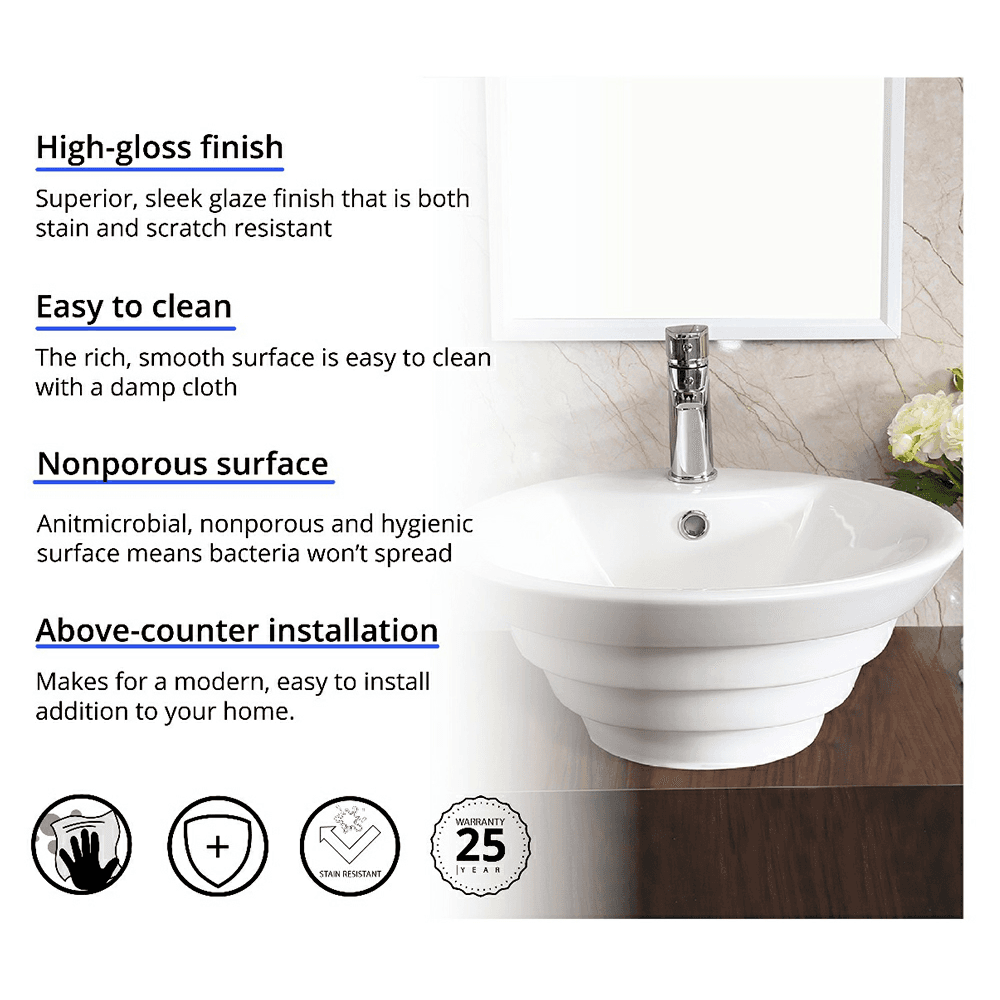 Valera Above-Counter Vitreous China Single Bowl Bathroom Vessel Sink with Overflow Drain, 18-7/8" x 18-7/8" x 5-3/4", White Alt 2 - Image