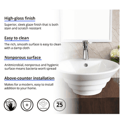 Valera Above-Counter Vitreous China Single Bowl Bathroom Vessel Sink with Overflow Drain, 18-7/8" x 18-7/8" x 5-3/4", White Alt 2 - Image