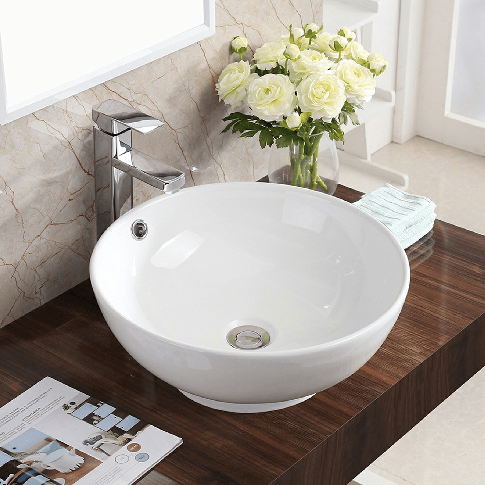 Valera Above-Counter Vitreous China Single Bowl Bathroom Vessel Sink with Overflow Drain, 16-5/8" x 16-5/8" x 5", White Alt 1 - Image