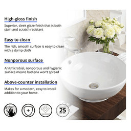 Valera Above-Counter Vitreous China Single Bowl Bathroom Vessel Sink with Overflow Drain, 16-5/8" x 16-5/8" x 5", White Alt 2 - Image