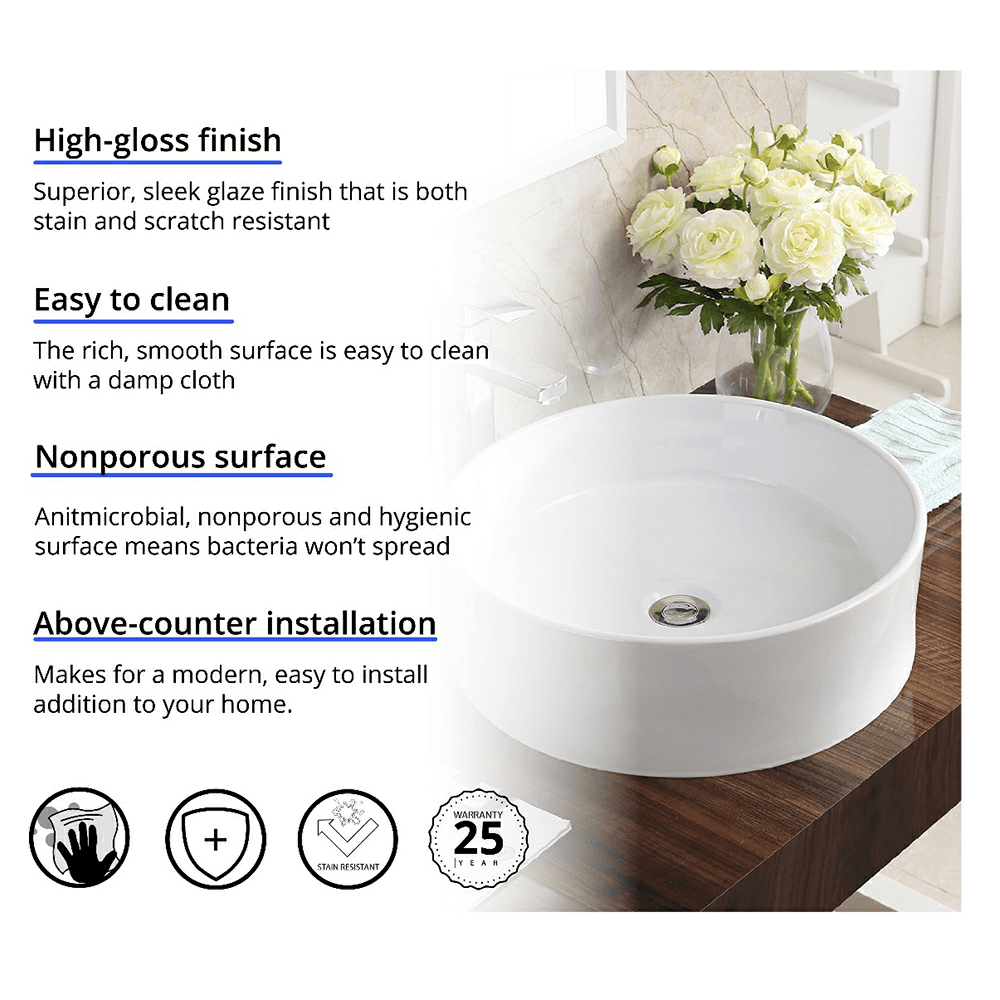 Valera Above-Counter Vitreous China Single Bowl Bathroom Vessel Sink, 18" x 18" x 4-1/2", White Alt 2 - Image