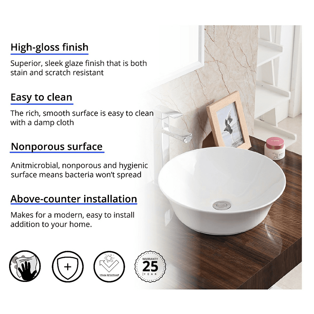 Valera Above-Counter Vitreous China Single Bowl Bathroom Vessel Sink, 16-1/2" x 16-1/2" x 4", White Alt 2 - Image