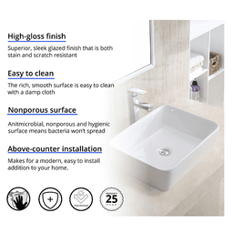 Valera Above-Counter Vitreous China Single Bowl Bathroom Vessel Sink, 18-3/4" x 14-1/2" x 4-1/4", White Alt 2 - Image