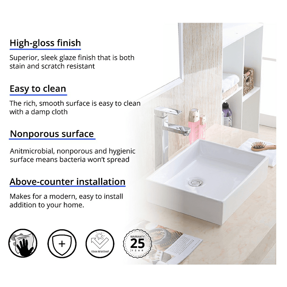 Valera Above-Counter Vitreous China Single Bowl Bathroom Vessel Sink, 15-1/2" x 13" x 3-1/4", White Alt 2 - Image