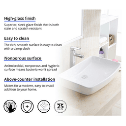 Valera Above-Counter Vitreous China Single Bowl Bathroom Vessel Sink, 24" x 15-1/2" x 4", White Alt 2 - Image