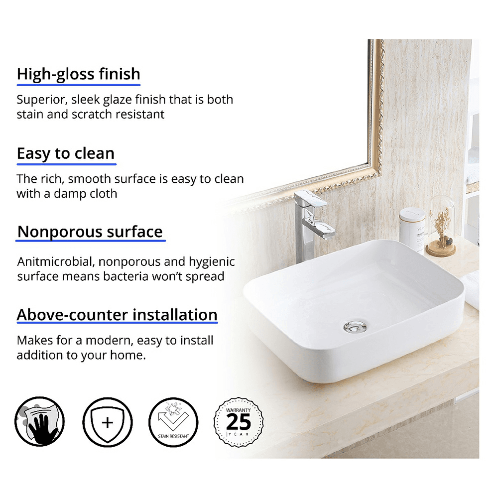 Valera Above-Counter Vitreous China Single Bowl Bathroom Vessel Sink, 20" x 15-7/8" x 4-1/2", White Alt 2 - Image