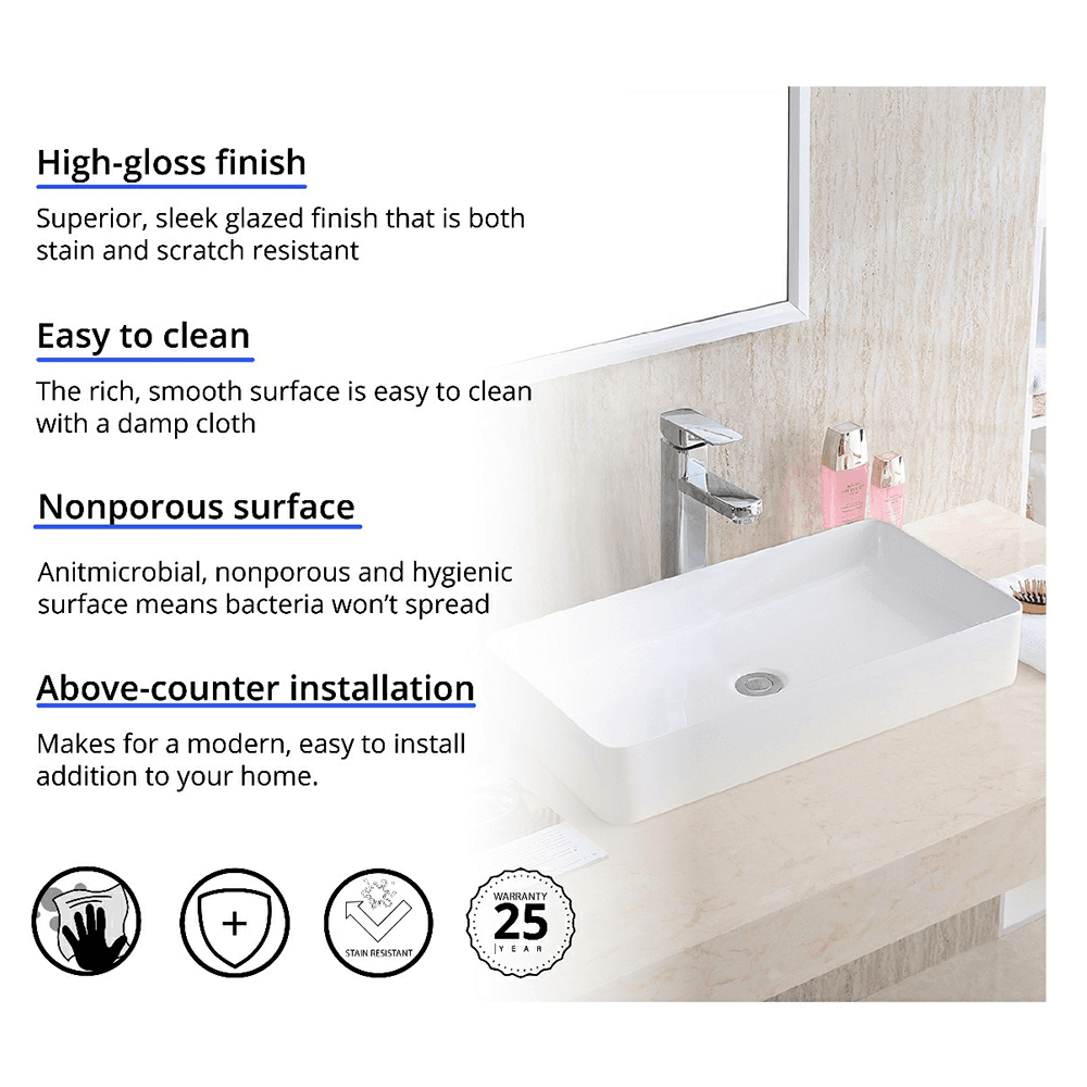 Valera Above-Counter Vitreous China Single Bowl Bathroom Vessel Sink, 24-1/4" x 14" x 3-1/2", White Alt 2 - Image