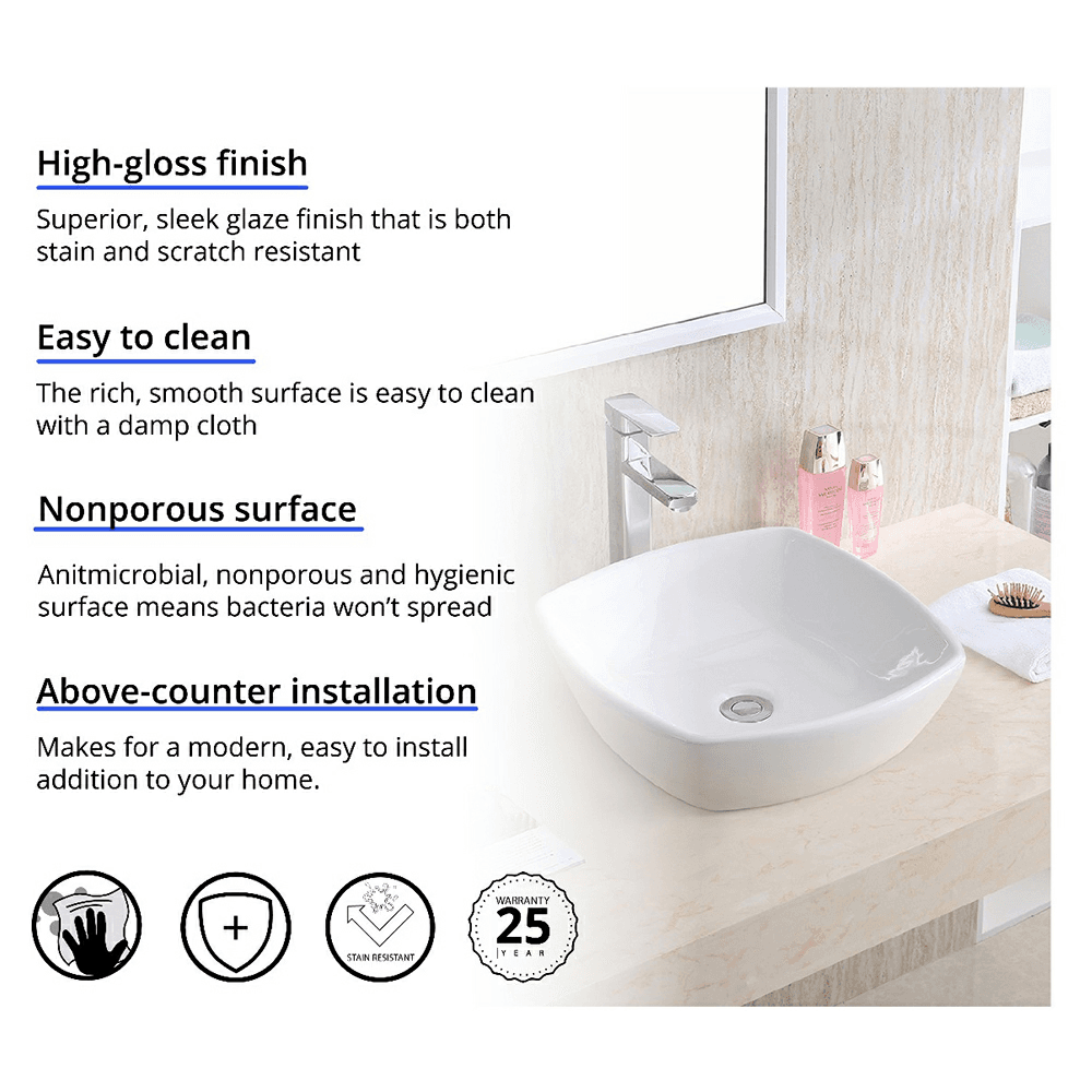 Valera Above-Counter Vitreous China Single Bowl Bathroom Vessel Sink, 16-3/4" x 16-1/2" x 4", White Alt 2 - Image