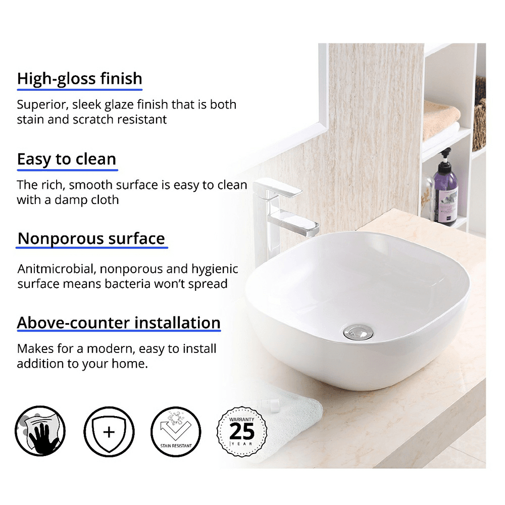 Valera Above-Counter Vitreous China Single Bowl Bathroom Vessel Sink, 16-3/4" x 16-3/4" x 4-1/2", White Alt 2 - Image