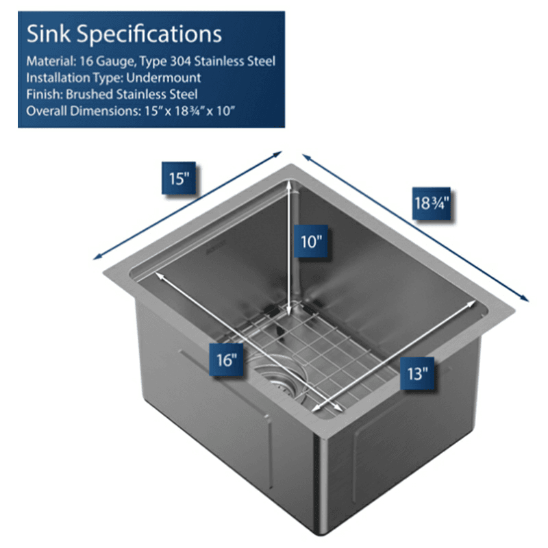 Elite Stainless Steel Undermount 16G Single Bowl Workstation Kitchen Sink Kit, 18-3/4" x 15" x 10" Alt 12 - Image